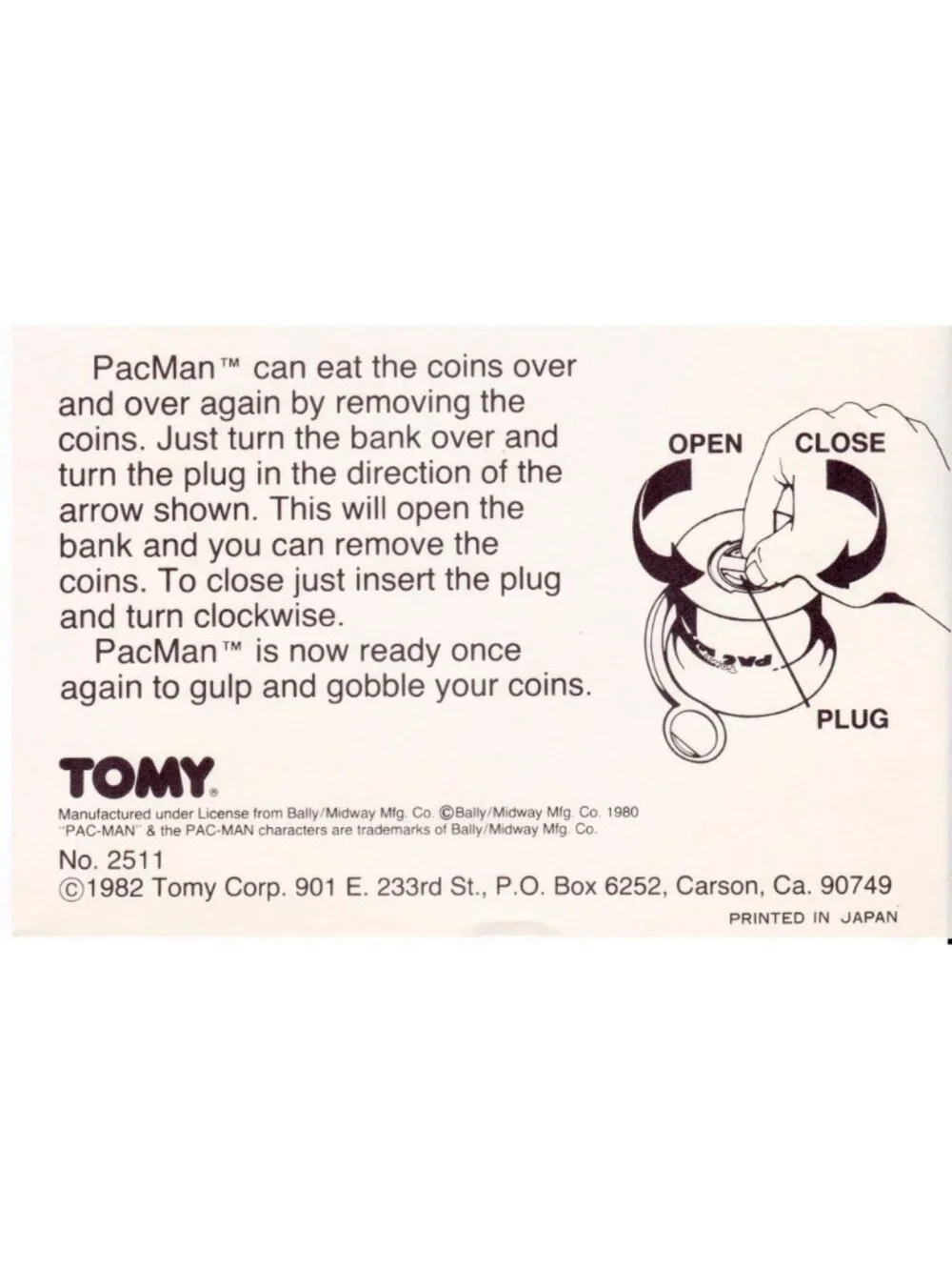 1982 Tomy Pac-Man Bank Instructions Bally Midway No. 2511 Original Japan